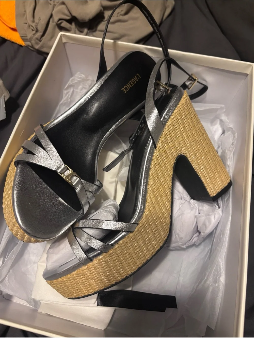L'AGENCE Genevra Platform Sandals in Silver Leather